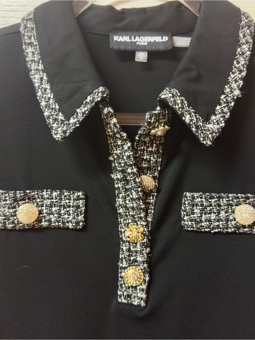Karl Lagerfeld Black Midi Polo Dress with Tweed Trim and Gold Buttons - Picture 3 of 7